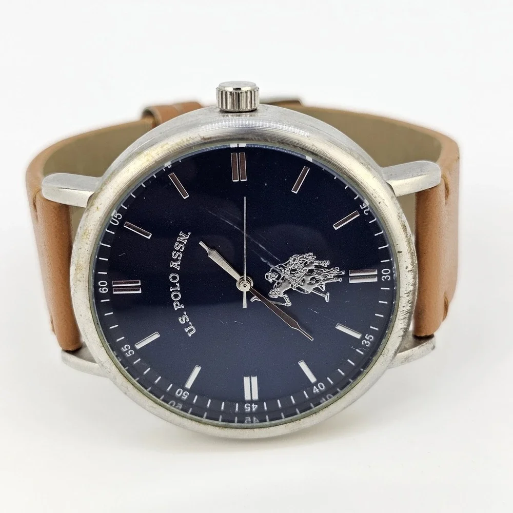 US Polo Assn Men's Watch 46MM Blue Dial Brown Faux Leather Bands New Battery